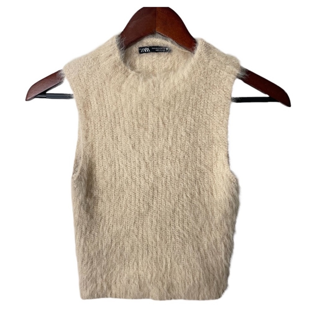 Zara Cream Mock Neck Eyelash Crop Top Womens Small